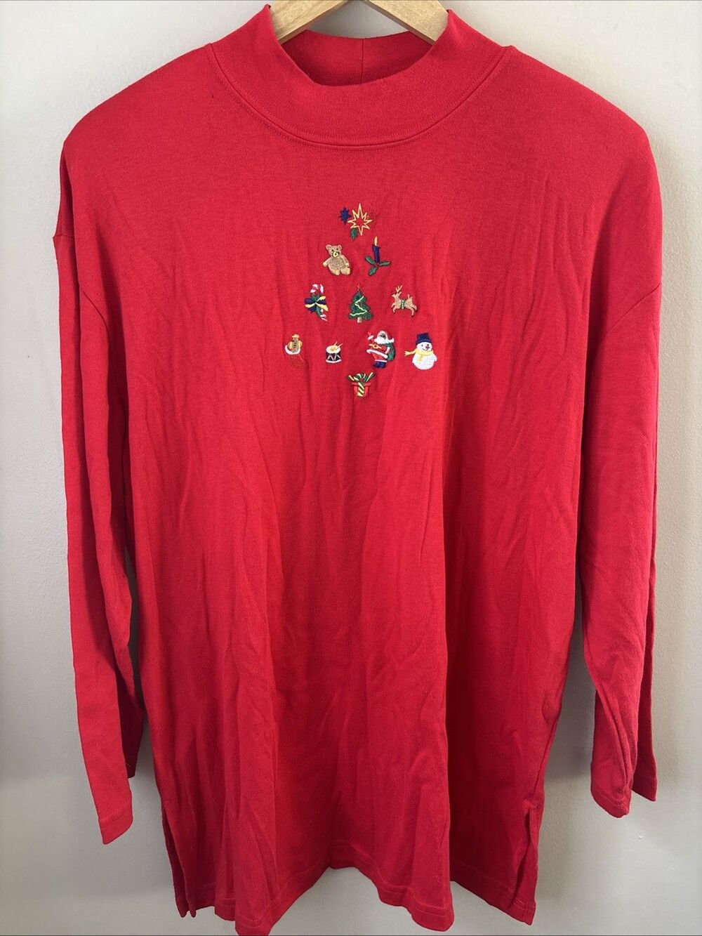 Steven Ross Naturally Red Mock Neck Top L Long Sleeve Christmas Embroidery